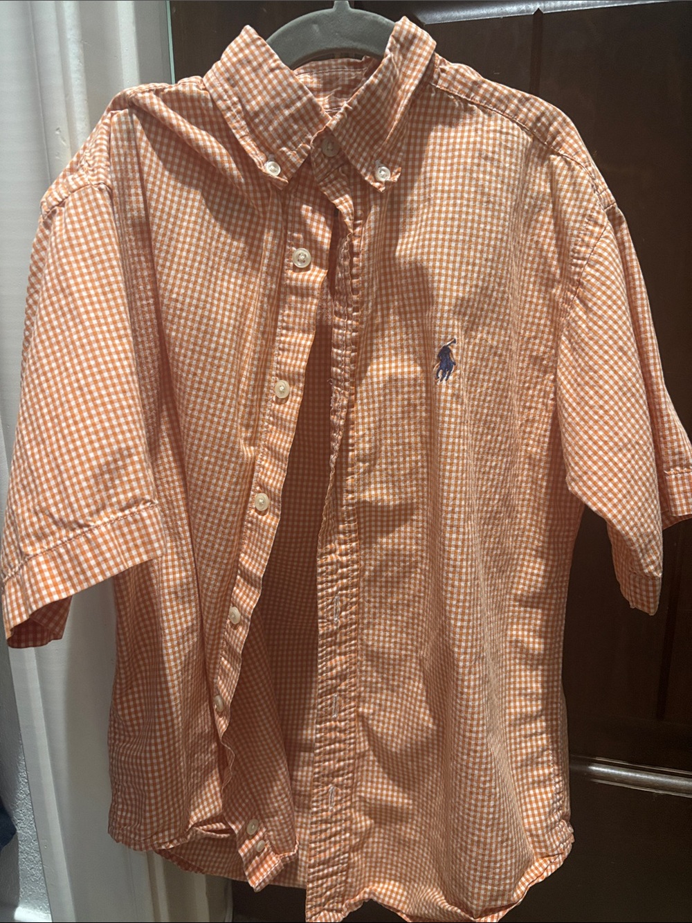 Ralph Lauren Orange Gingham Short-Sleeve Button-Down with Navy Pony